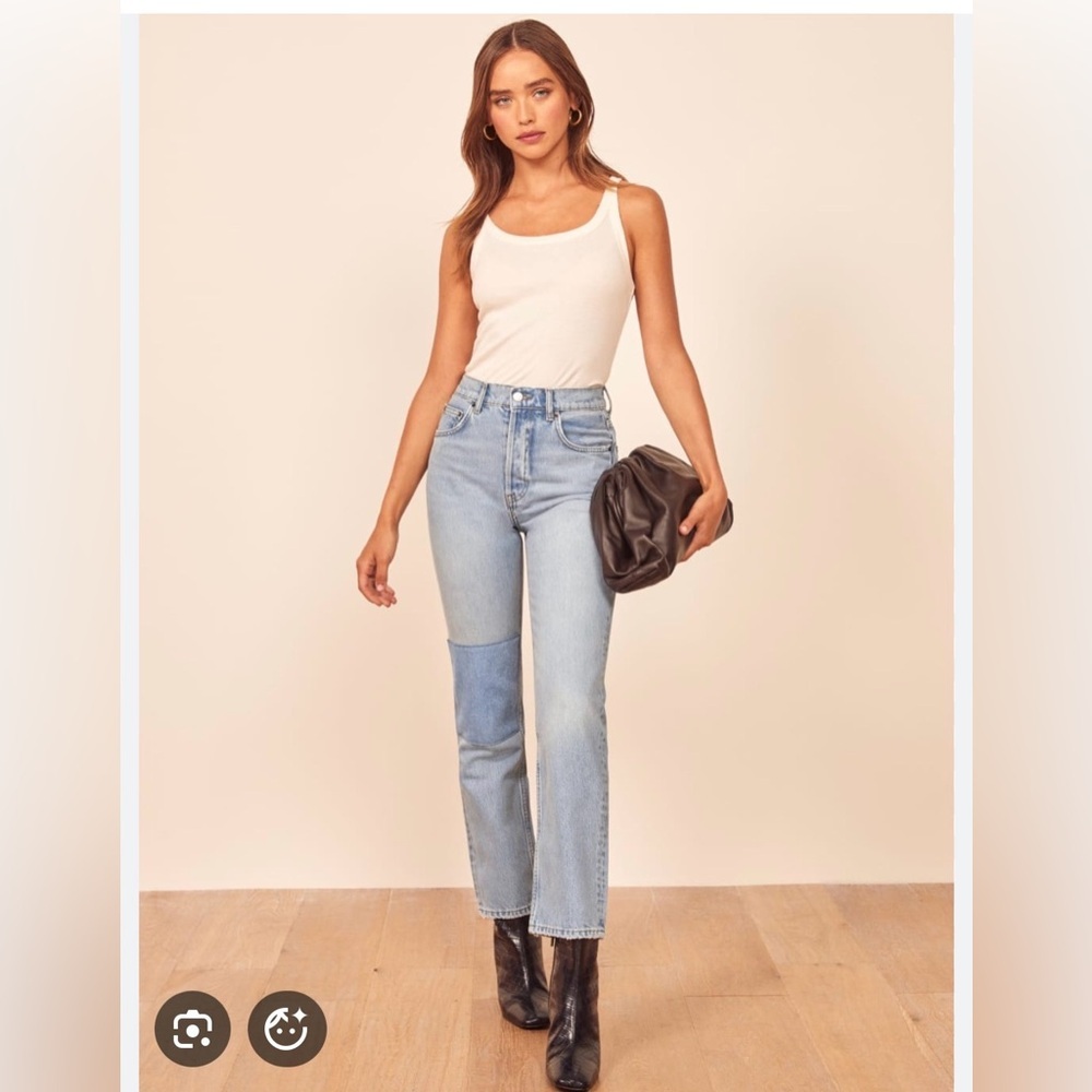 Reformation Cynthia Patch Jeans High Rise Straight Leg Rigid Denim Button Fly